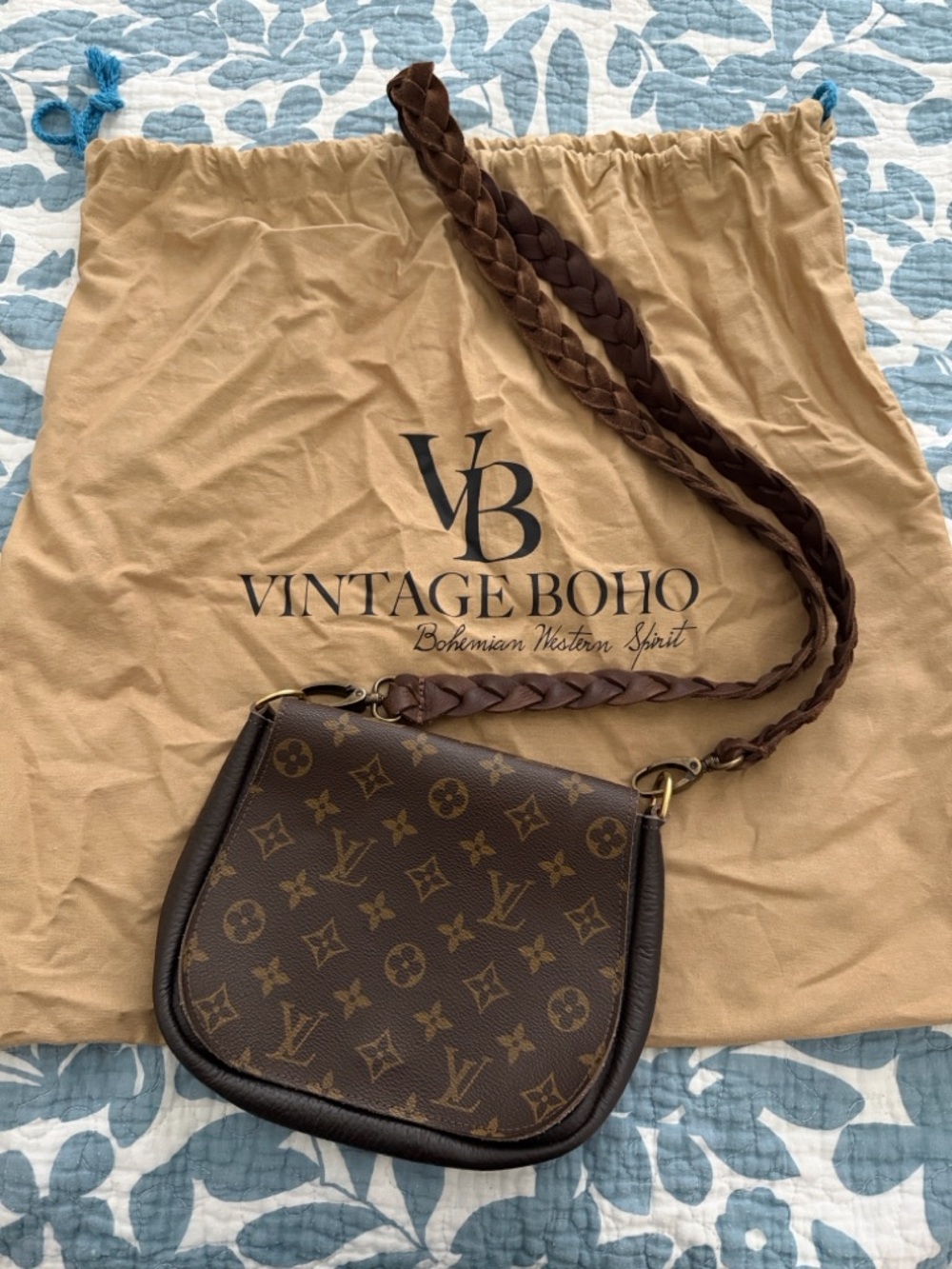 Vintage boho Brown Monogram Hobo with Braided Strap